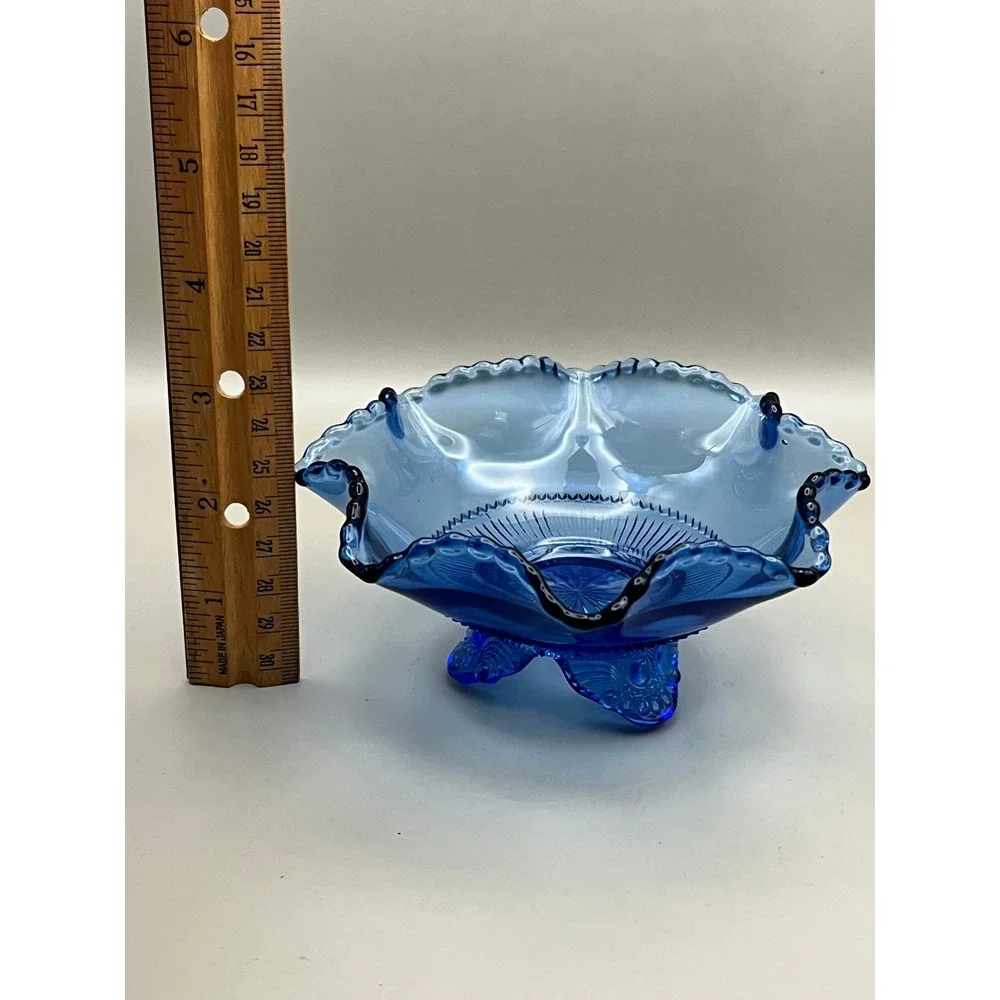 Vtg Cobalt Blue Glass Ruffled Footed Bowl Beaded Edge Candy Nut Dish 5.25